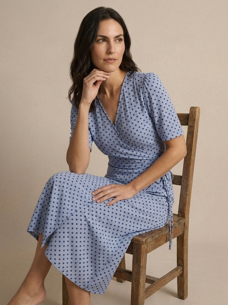 Elinor Polka Dot Midi Wrap Dress - seated