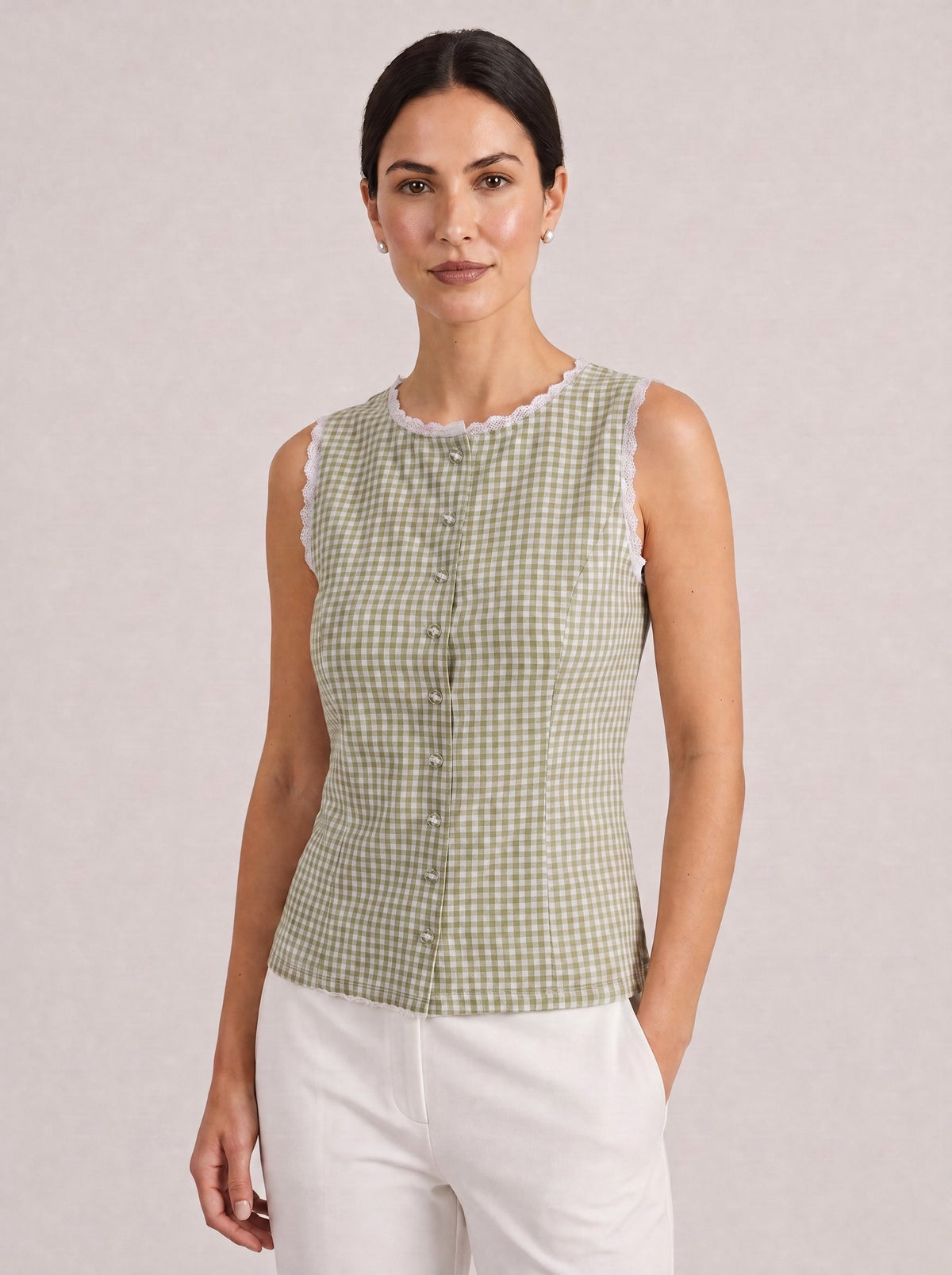 Light green plaid tank top with a boat neck, slim fit, and sleeveless design, front view