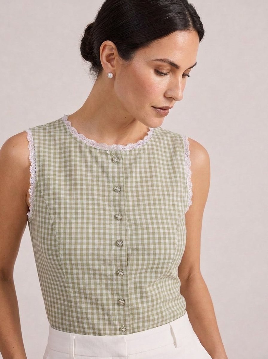 Light green plaid tank top, close-up of button placket and lace trim detail