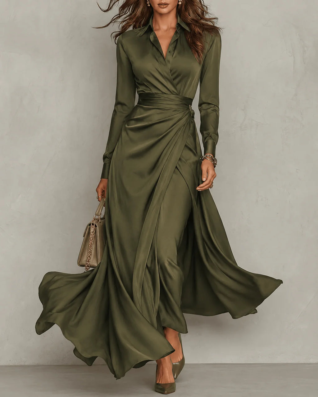 Elvena olive green wrap maxi dress with a waist tie
