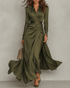 Elvena olive green wrap maxi dress with a waist tie
