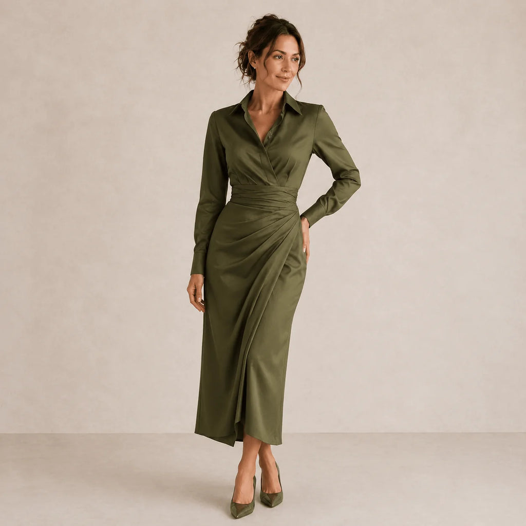 Elvena olive green wrap maxi dress with a waist tie, image 2