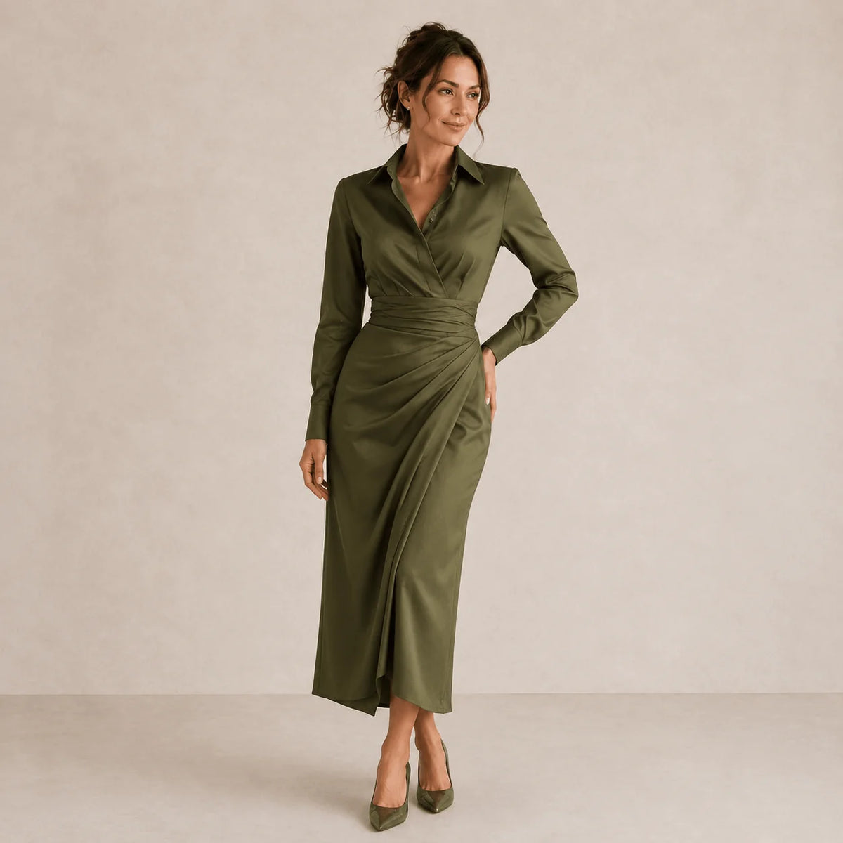 Elvena olive green wrap maxi dress with a waist tie, image 2