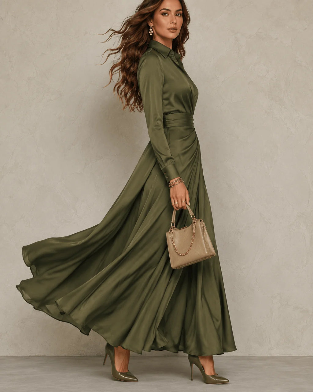 Elvena olive green wrap maxi dress with a waist tie, image 3