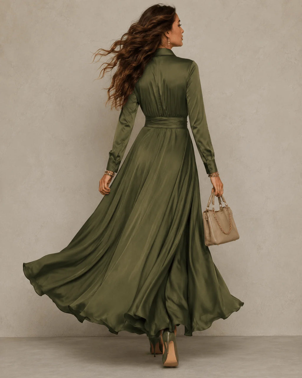 Elvena olive green wrap maxi dress with a waist tie, image 4