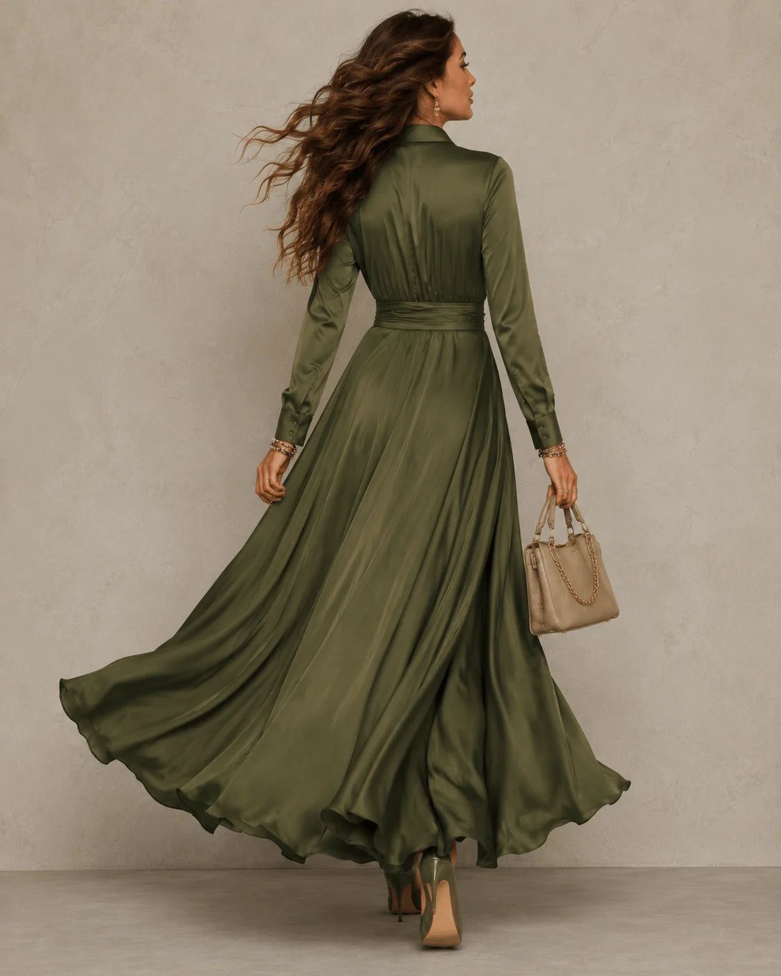 Elvena olive green wrap maxi dress with a waist tie, image 4