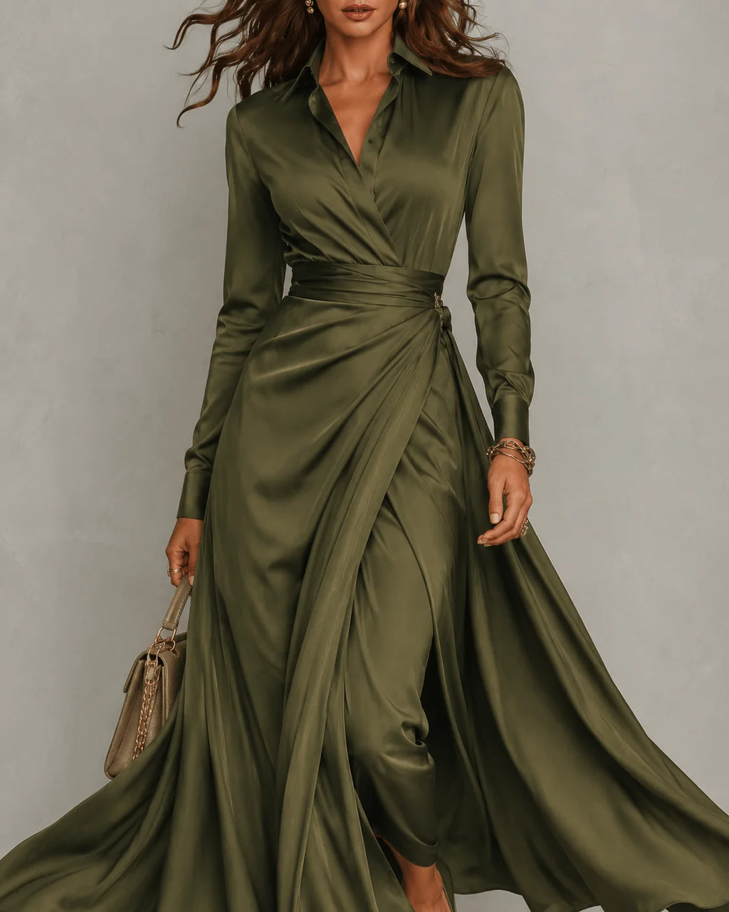 Elvena olive green wrap maxi dress with a waist tie, image 5