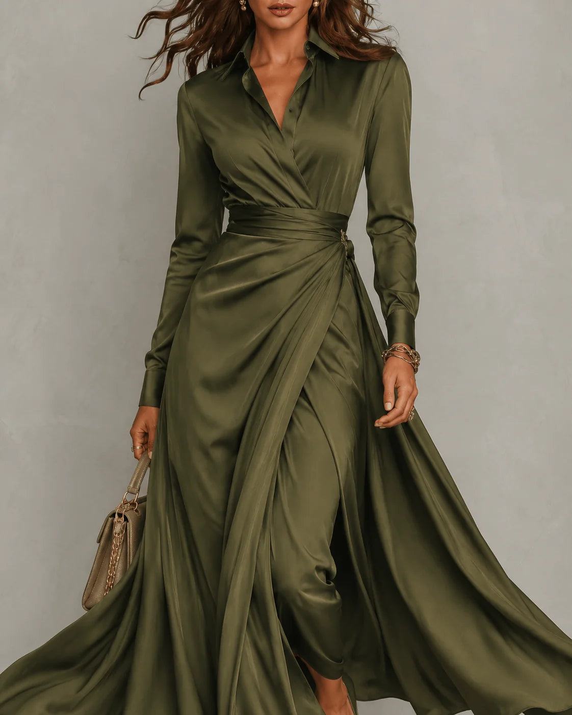 Elvena olive green wrap maxi dress with a waist tie, image 5