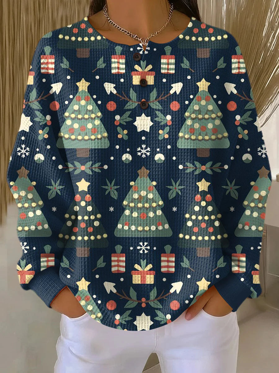Emmeline waffle knit sweater in navy with a Christmas print
