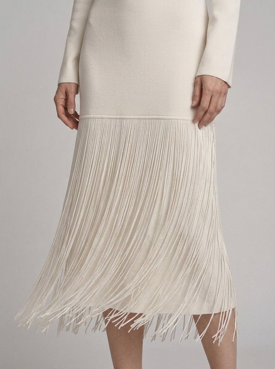 Eulalie Off-White Fringed Cocktail Dress - fringe detail