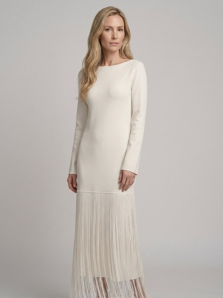 Eulalie Off-White Fringed Cocktail Dress - front