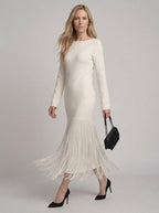 Eulalie Off-White Fringed Cocktail Dress - styled with bag