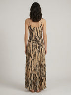 Abstract sand and black print maxi dress, back view