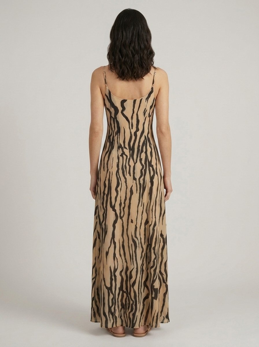 Abstract sand and black print maxi dress, back view