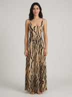 Abstract sand and black print maxi dress, front view
