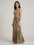 Abstract sand and black print maxi dress, three-quarter view