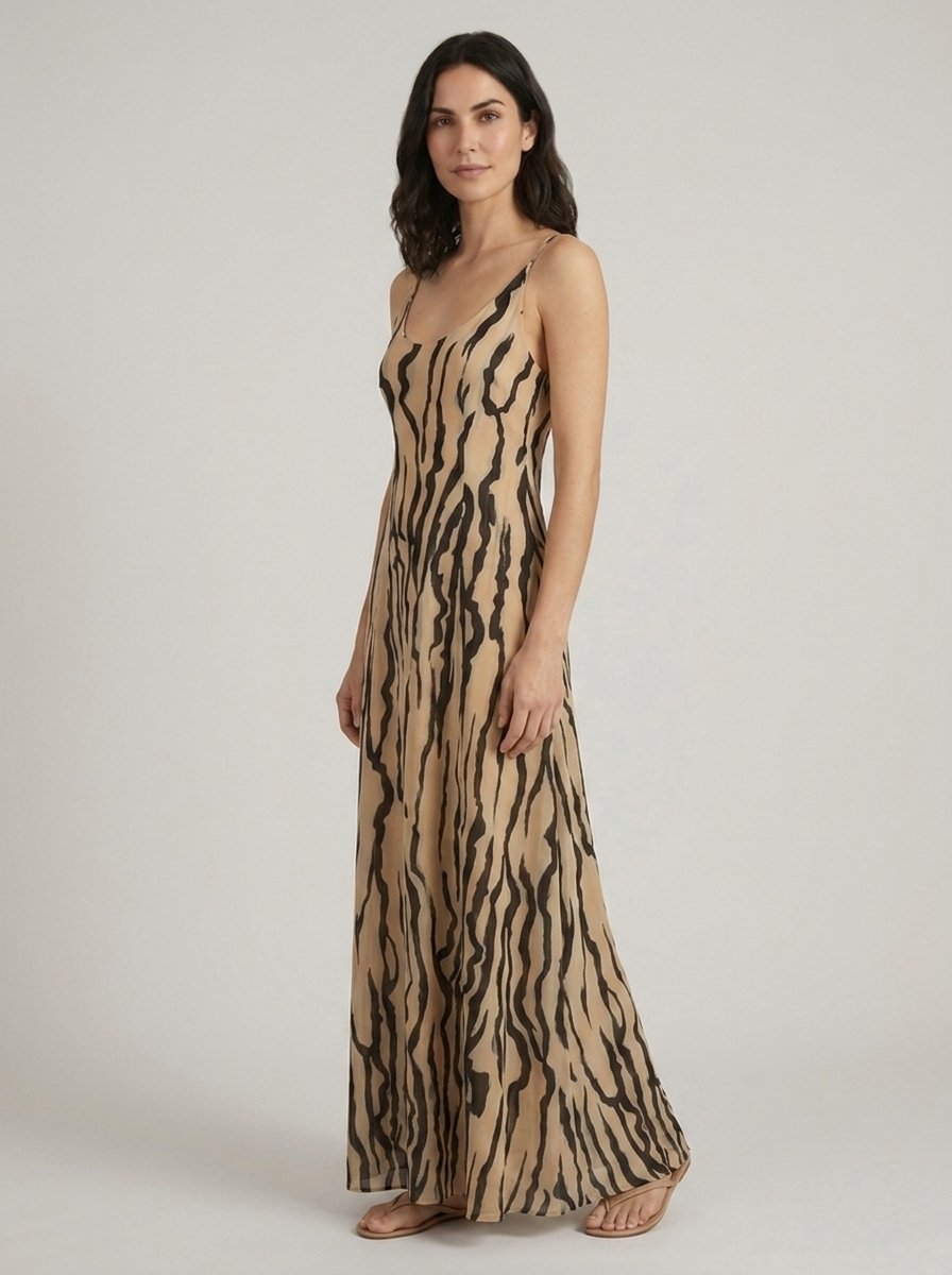 Abstract sand and black print maxi dress, three-quarter view