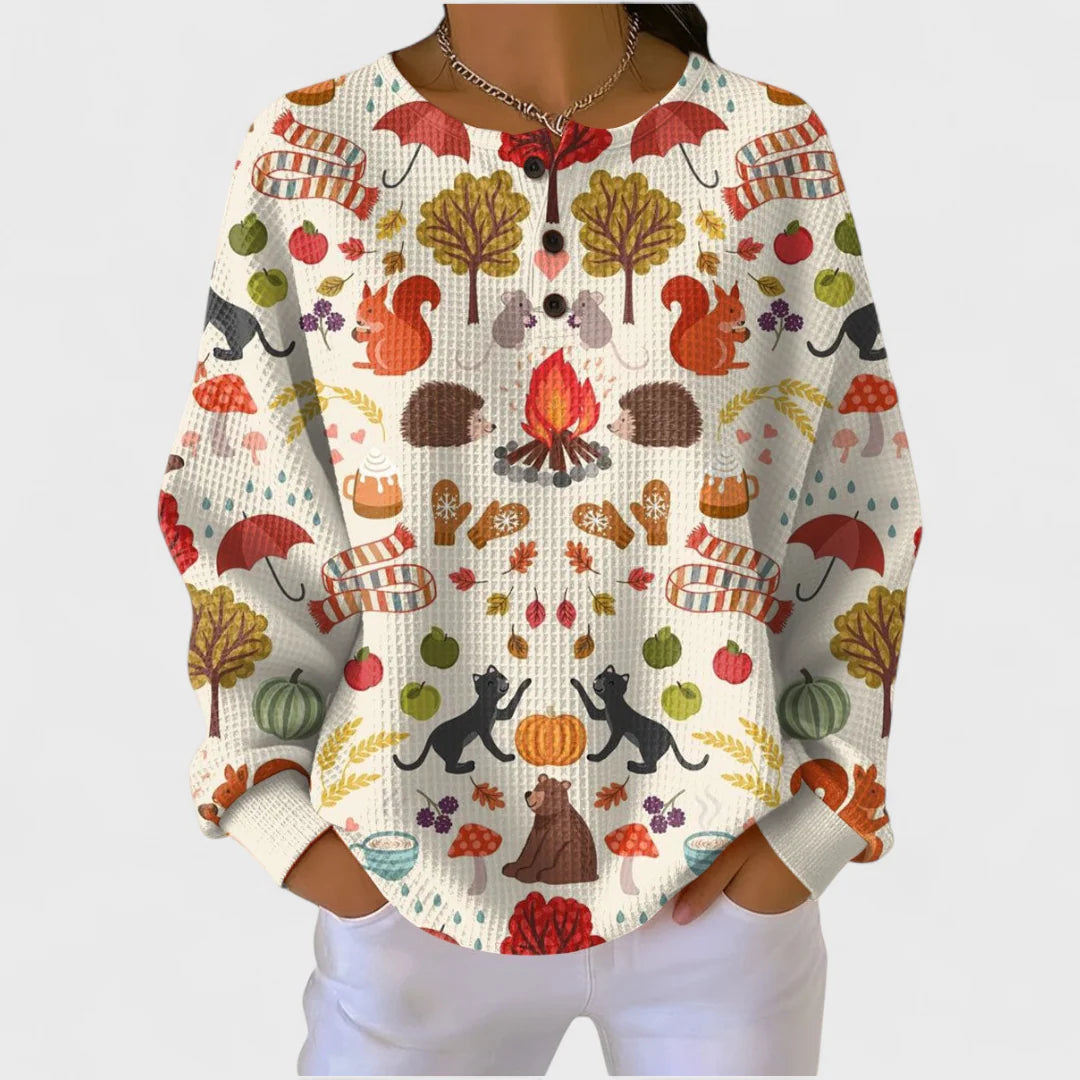 Janet cream waffle knit henley sweater with an autumn woodland print