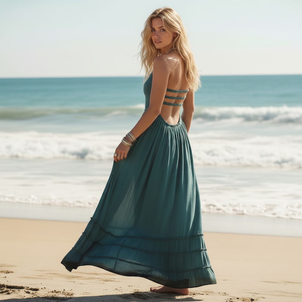 Bohemian maxi dress in a vibrant print, featuring a backless halter style in a cotton-rayon blend. 0
