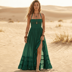 Bohemian maxi dress in a vibrant print, featuring a backless halter style in a cotton-rayon blend. 3