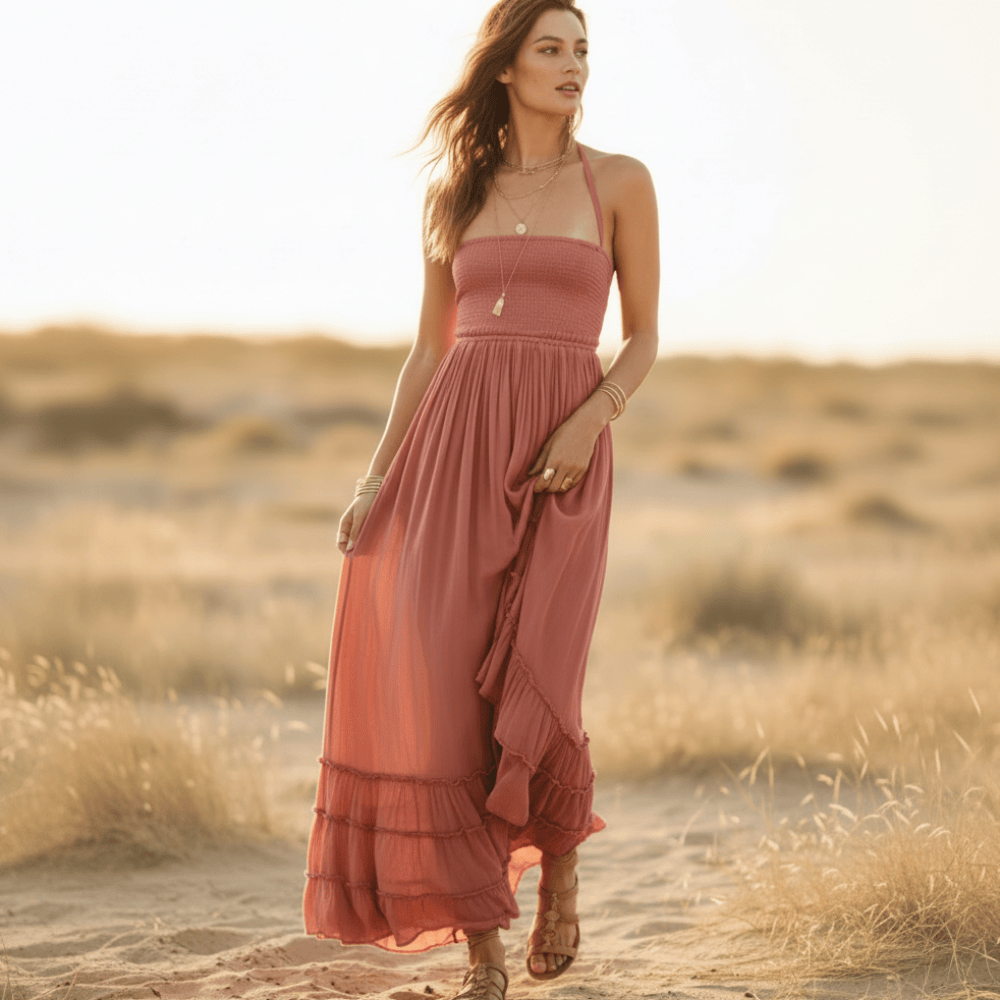 Bohemian maxi dress in a vibrant print, featuring a backless halter style in a cotton-rayon blend. 4