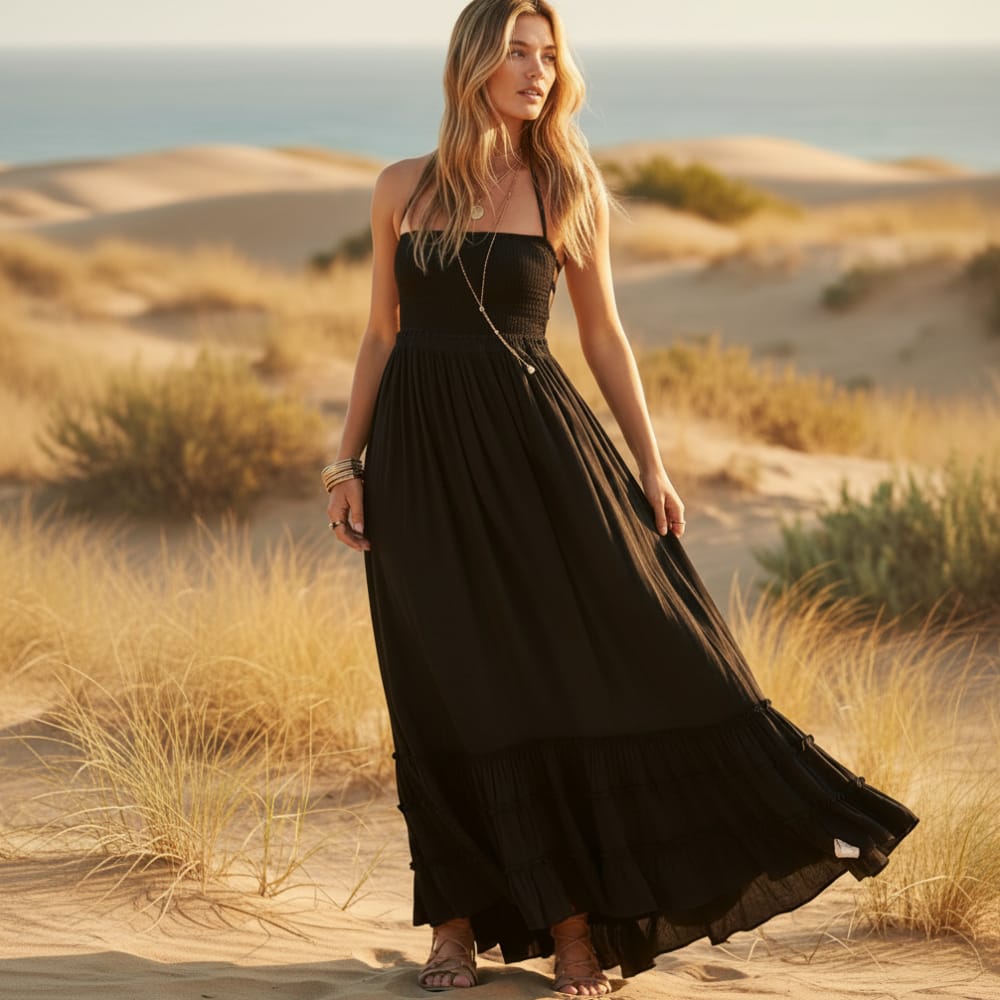 Bohemian maxi dress in a vibrant print, featuring a backless halter style in a cotton-rayon blend. 5