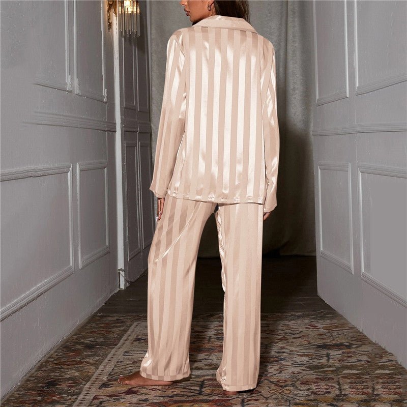 Joan striped satin pyjama set in beige, standing view