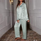 Joan striped satin pyjama set in green, full-length view