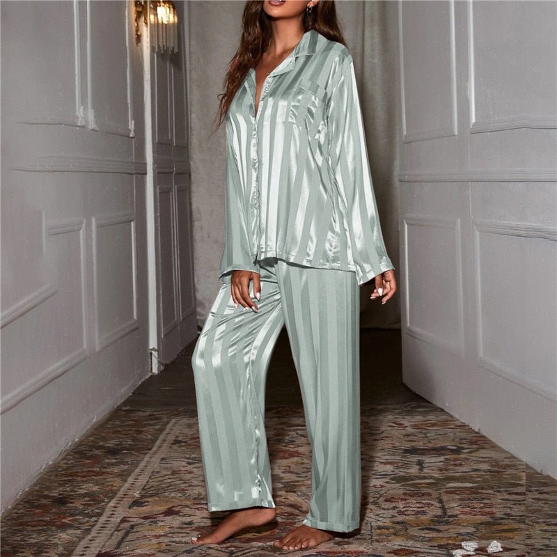 Joan striped satin pyjama set in green, full-length view