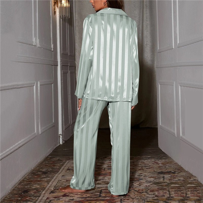 Joan striped satin pyjama set in green, back view