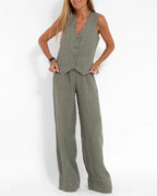 Jorien two piece set with a sleeveless waistcoat and wide-leg trousers in olive green