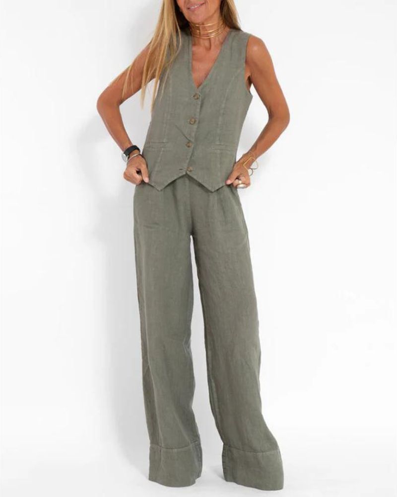 Jorien two piece set with a sleeveless waistcoat and wide-leg trousers in olive green