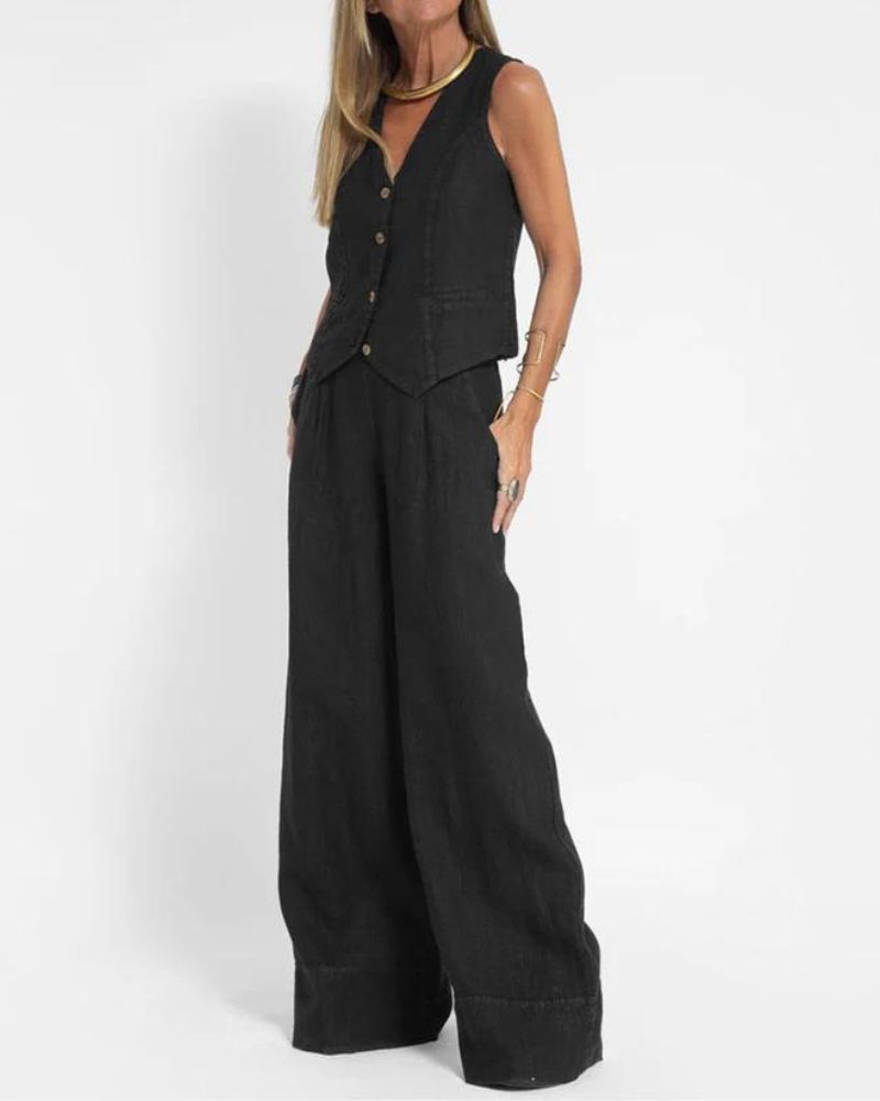 Jorien two piece set with a sleeveless waistcoat and wide-leg trousers in black