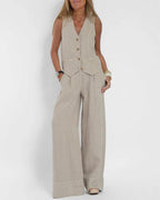 Jorien two piece set with a sleeveless waistcoat and wide-leg trousers in beige