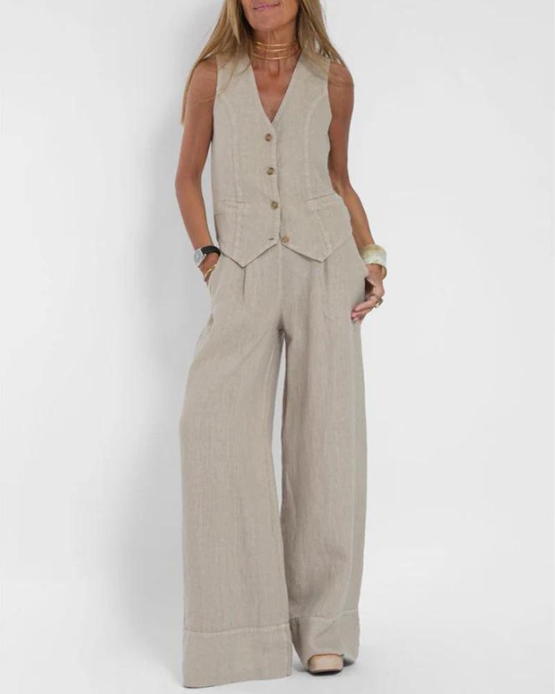 Jorien two piece set with a sleeveless waistcoat and wide-leg trousers in beige