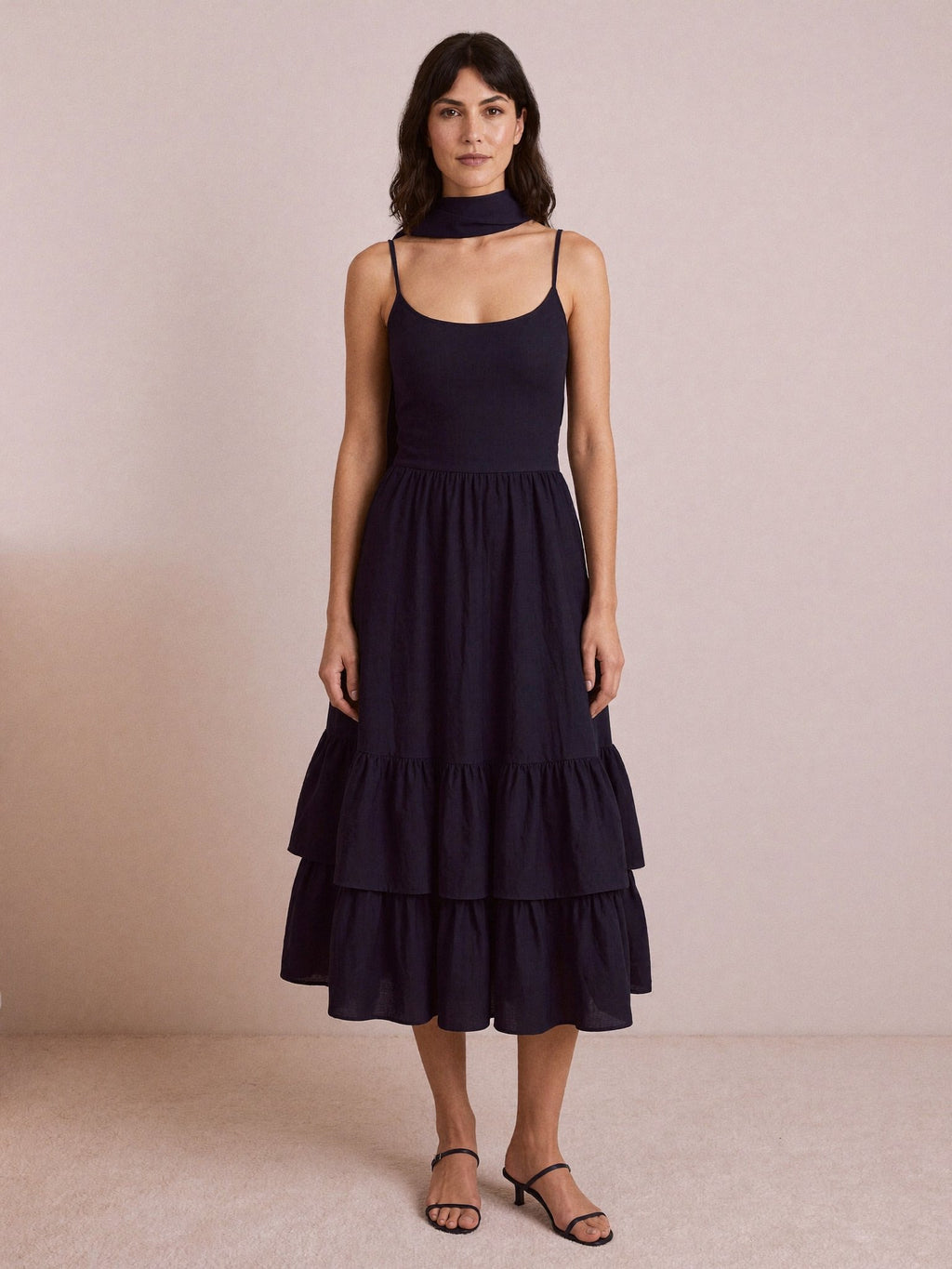 Juno Navy Midi Dress three-quarter view