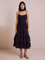 Juno Navy Midi Dress three-quarter view