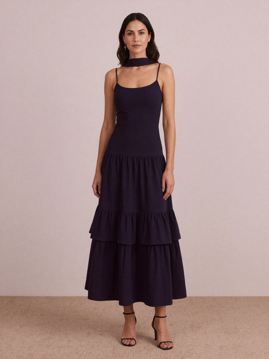 Juno Navy Midi Dress walking