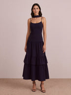 Juno Navy Midi Dress walking