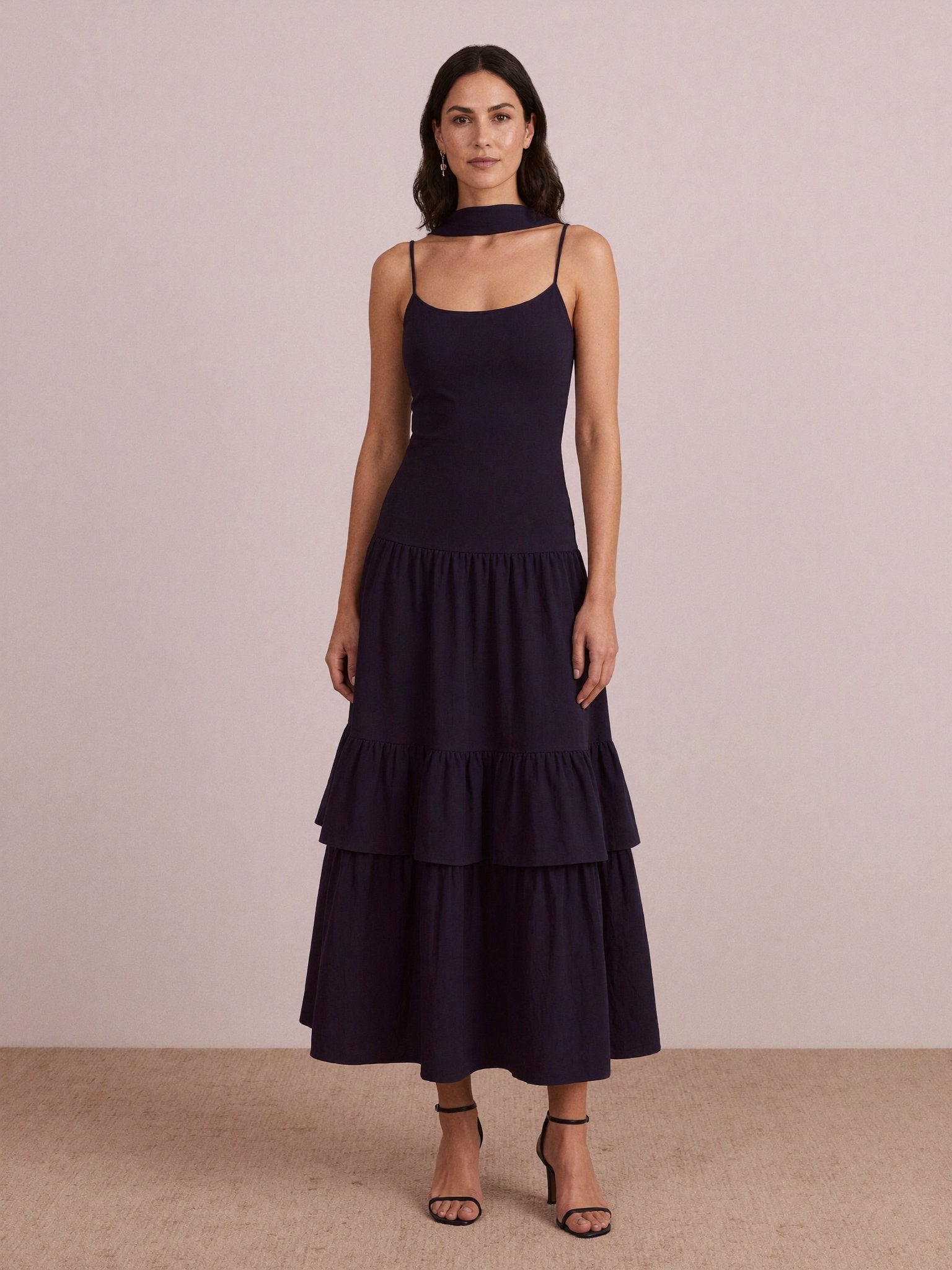 Juno Navy Midi Dress walking