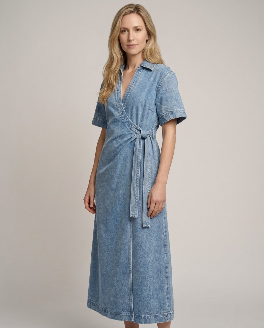 Kendall Denim Wrap Midi Dress Short Sleeve 100% Cotton 1