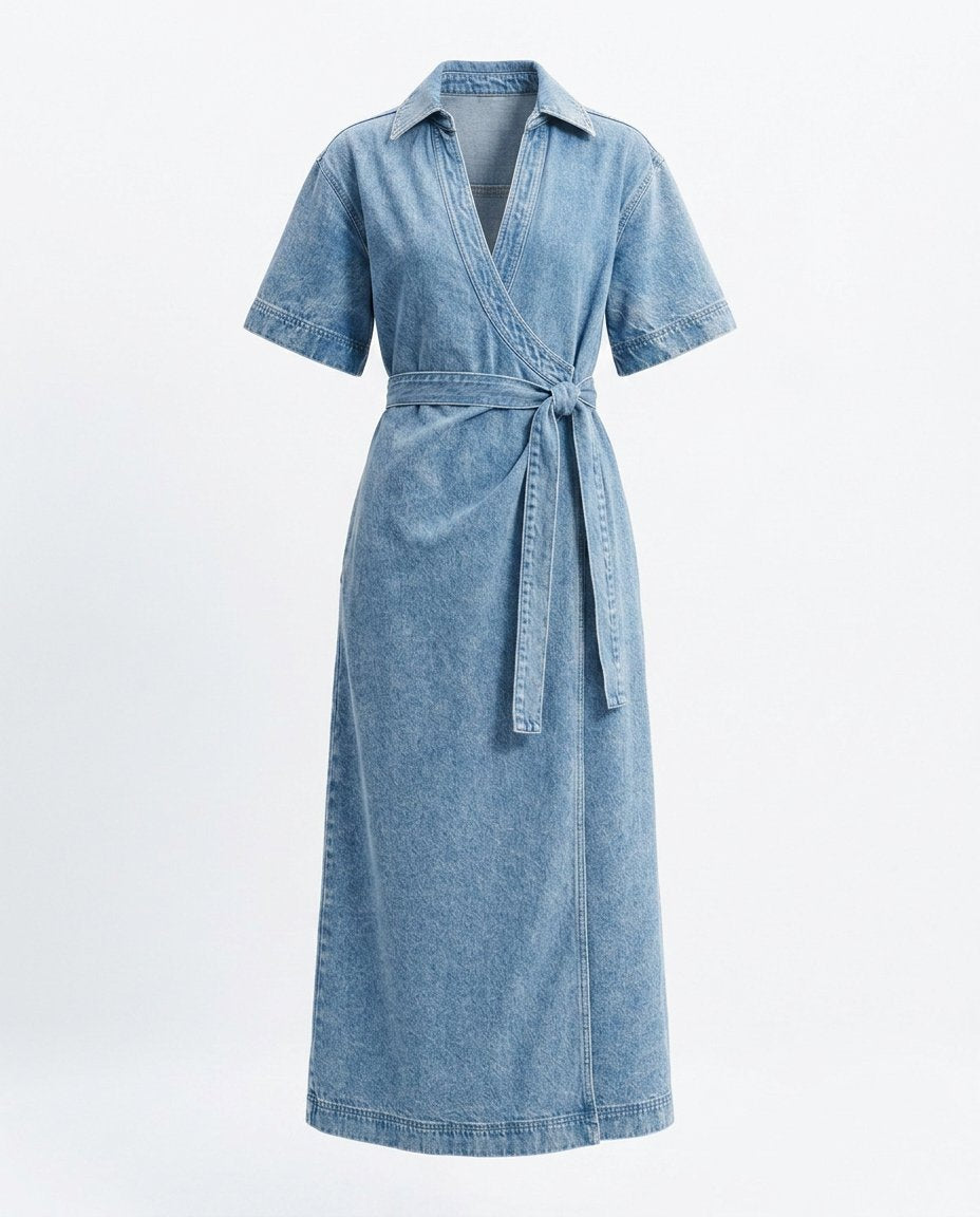 Kendall Denim Wrap Midi Dress Short Sleeve 100% Cotton 0