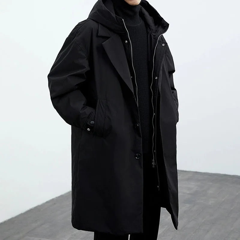 Kenson hooded long overcoat in black