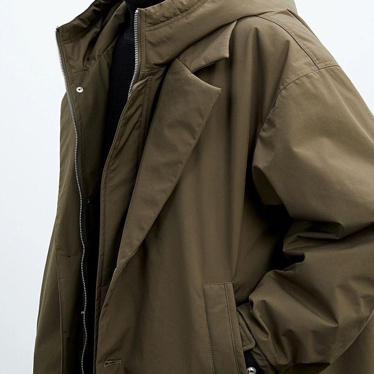 Kenson hooded long overcoat, front view