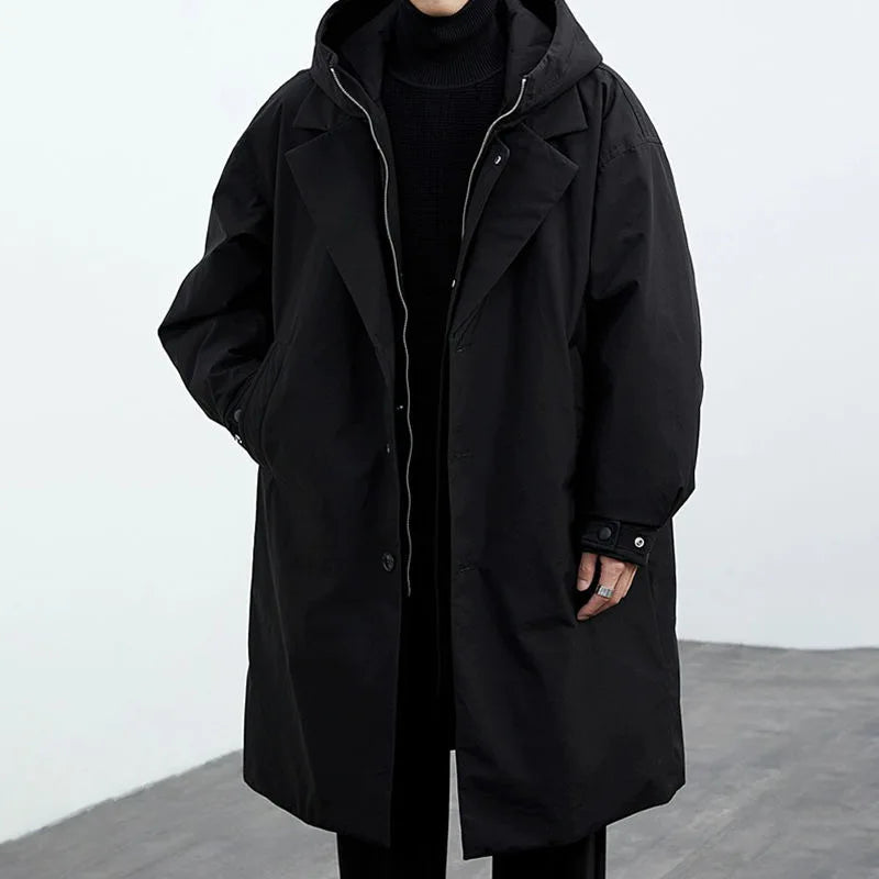 Kenson hooded long overcoat, detail of the pockets