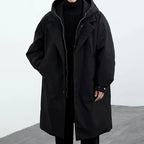 Kenson hooded long overcoat, detail of the pockets