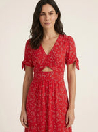 Red floral midi dress, close-up neckline detail