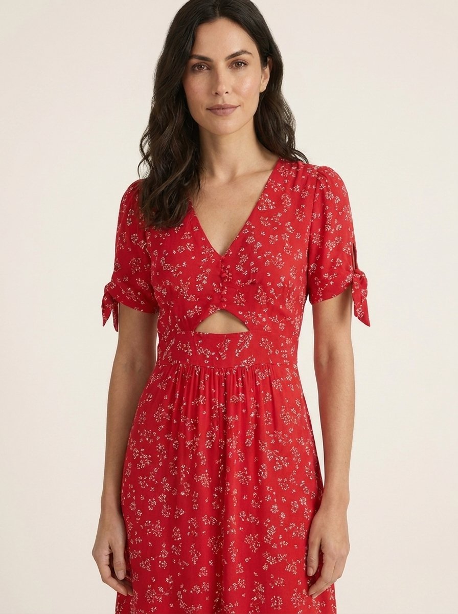 Red floral midi dress, close-up neckline detail
