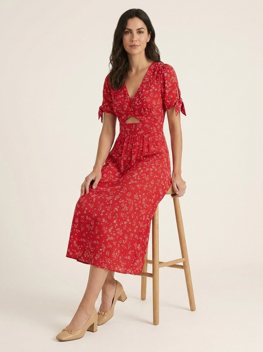 Red floral midi dress, seated