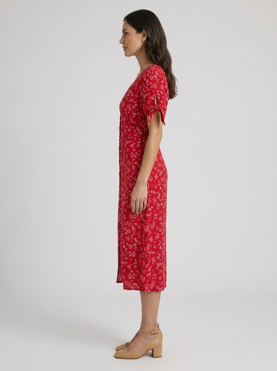 Red floral midi dress, side view